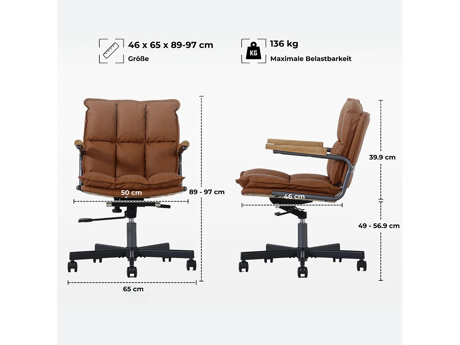 Mid Century Modern Kunstlederen Bureaustoel met Eiken Armleuningen, Verstelbare Hoogte