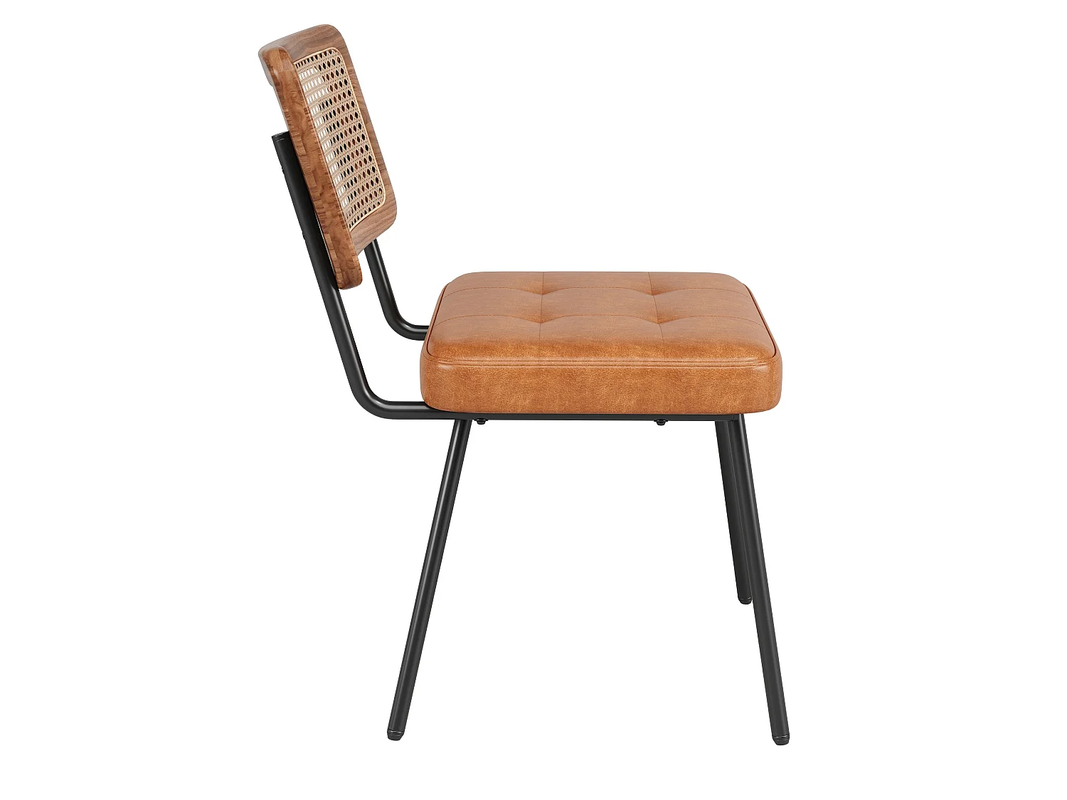 Retro Rotan Eetkamerstoelen 2-Delige Set met Houten Frame en Gestoffeerde PU-Zitting