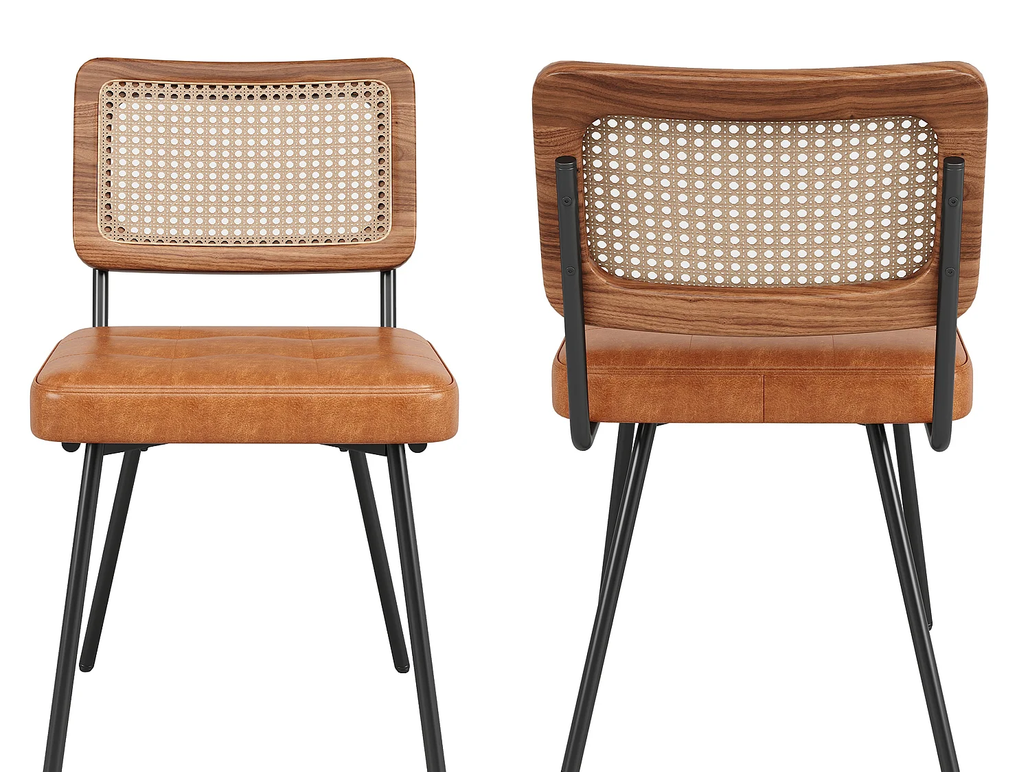 Retro Rotan Eetkamerstoelen 2-Delige Set met Houten Frame en Gestoffeerde PU-Zitting