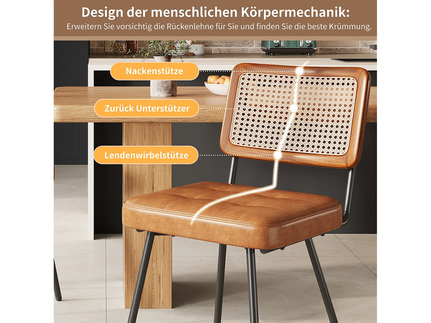 Retro Rotan Eetkamerstoelen 2-Delige Set met Houten Frame en Gestoffeerde PU-Zitting