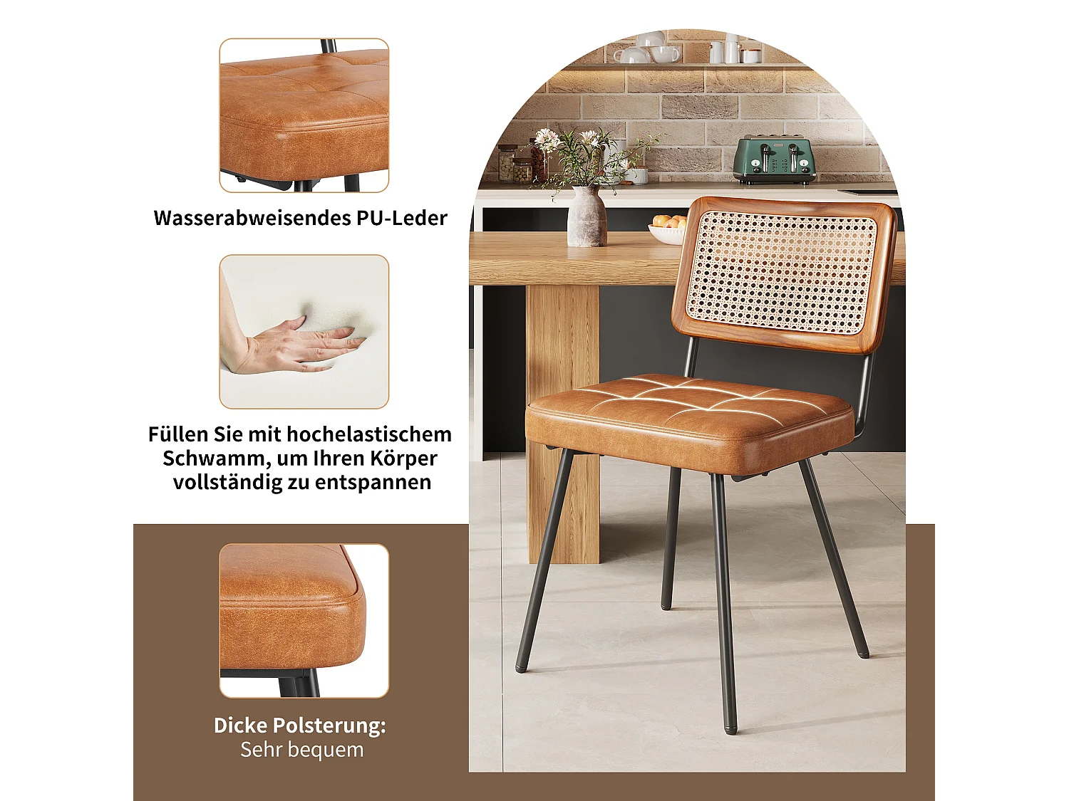 Retro Rotan Eetkamerstoelen 2-Delige Set met Houten Frame en Gestoffeerde PU-Zitting