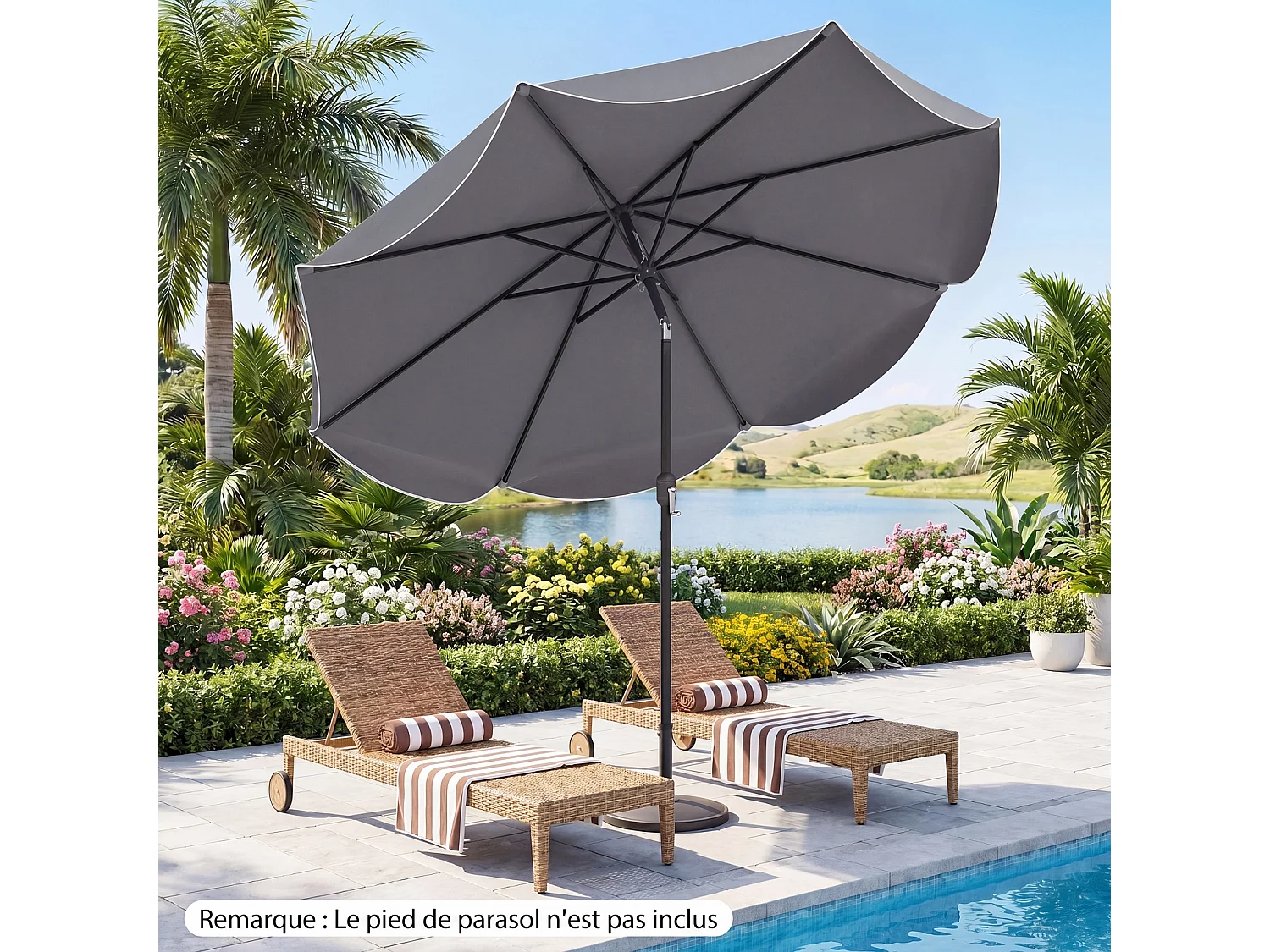 Parasol jardin 270cm, 8 baleines métal, polyester, volants, inclinable, manivelle, gris