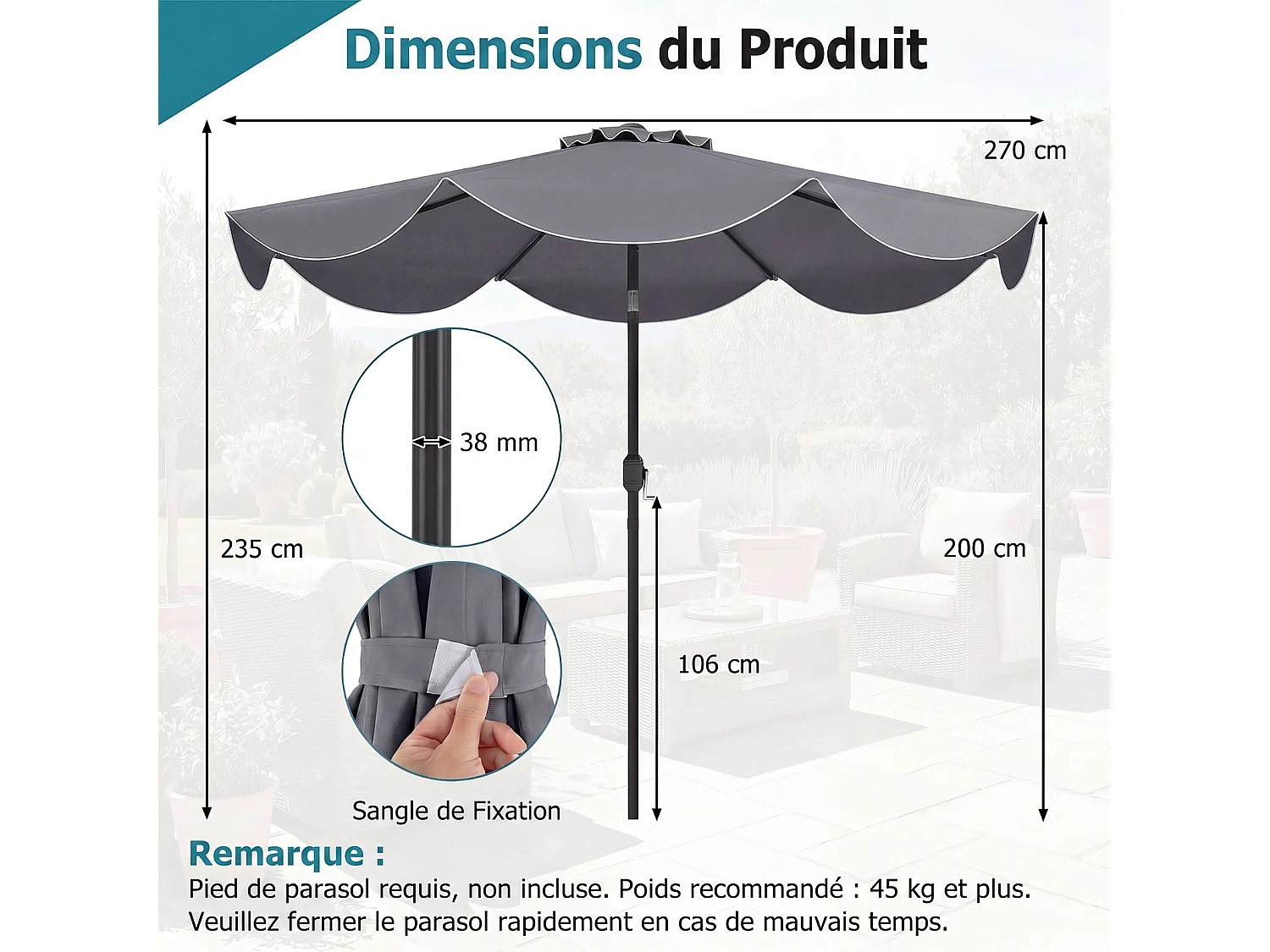 Parasol jardin 270cm, 8 baleines métal, polyester, volants, inclinable, manivelle, gris