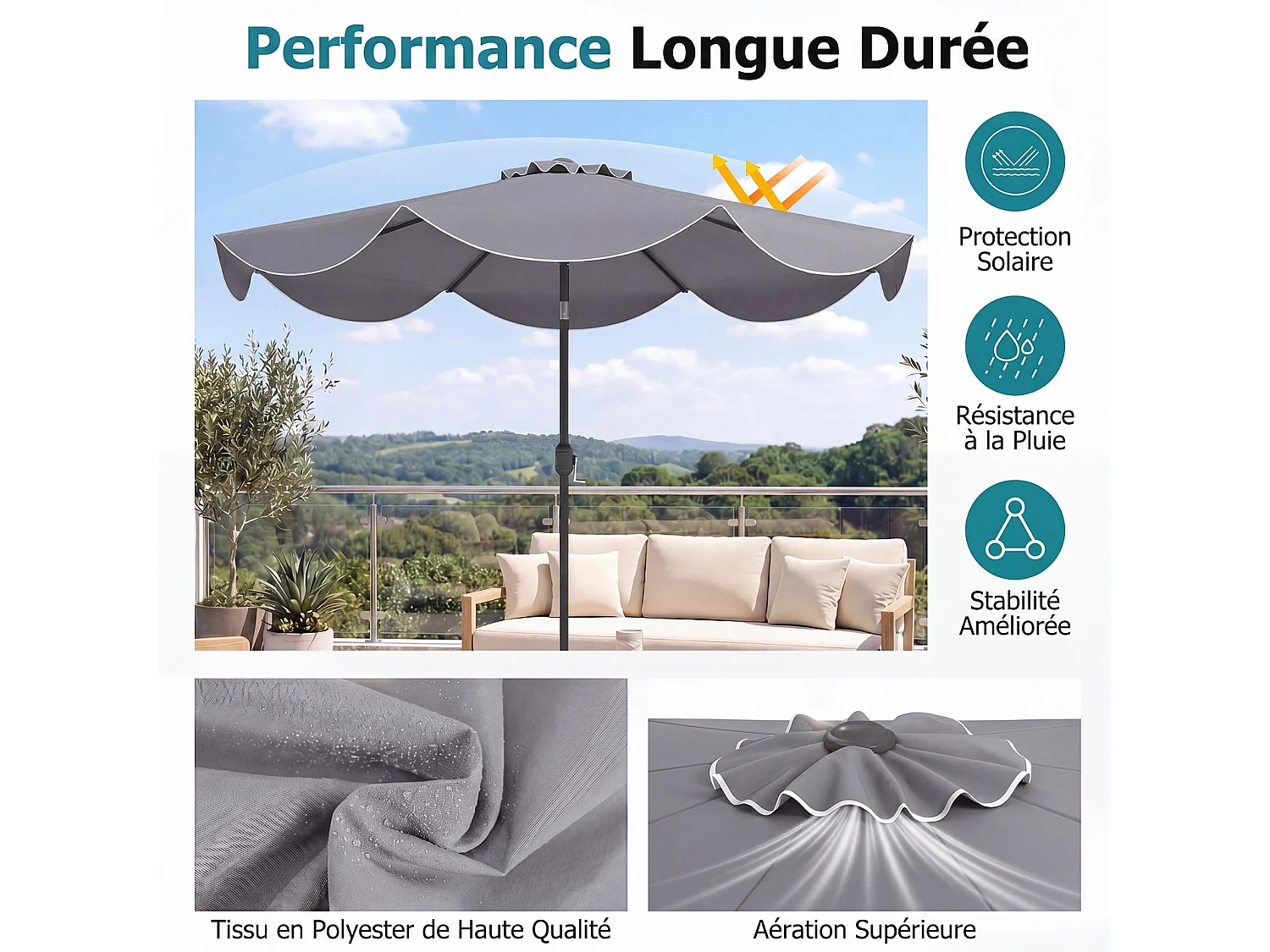 Parasol jardin 270cm, 8 baleines métal, polyester, volants, inclinable, manivelle, gris