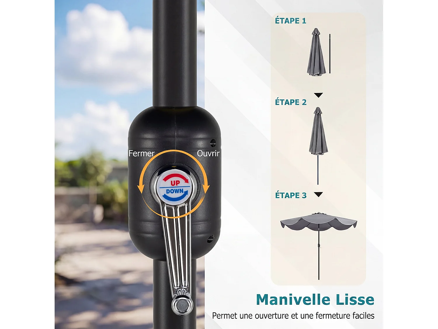 Parasol jardin 270cm, 8 baleines métal, polyester, volants, inclinable, manivelle, gris