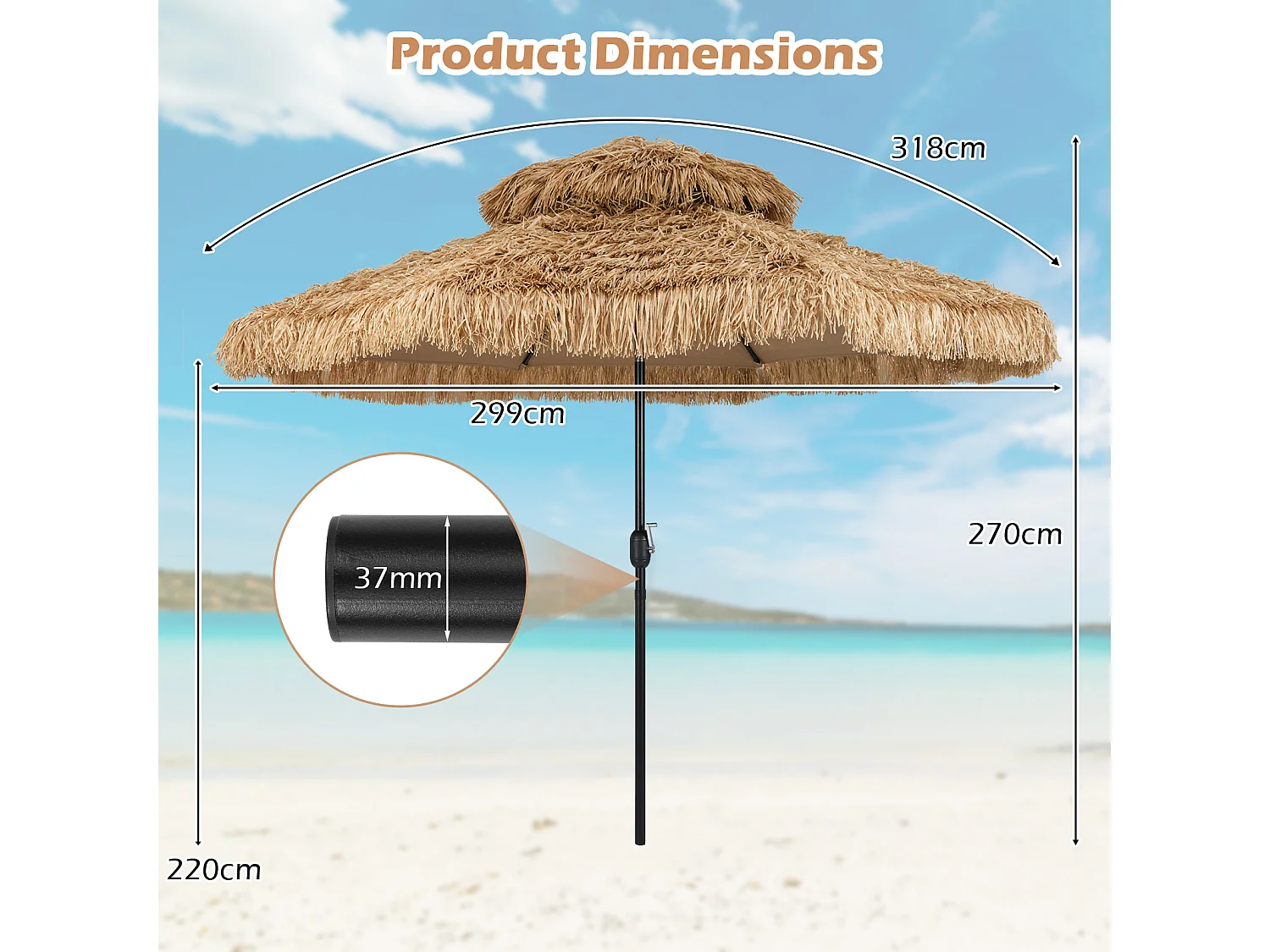 Parasol Paillasse 299cm 2 niveaux, style hawaïen, manivelle, inclinable, beige