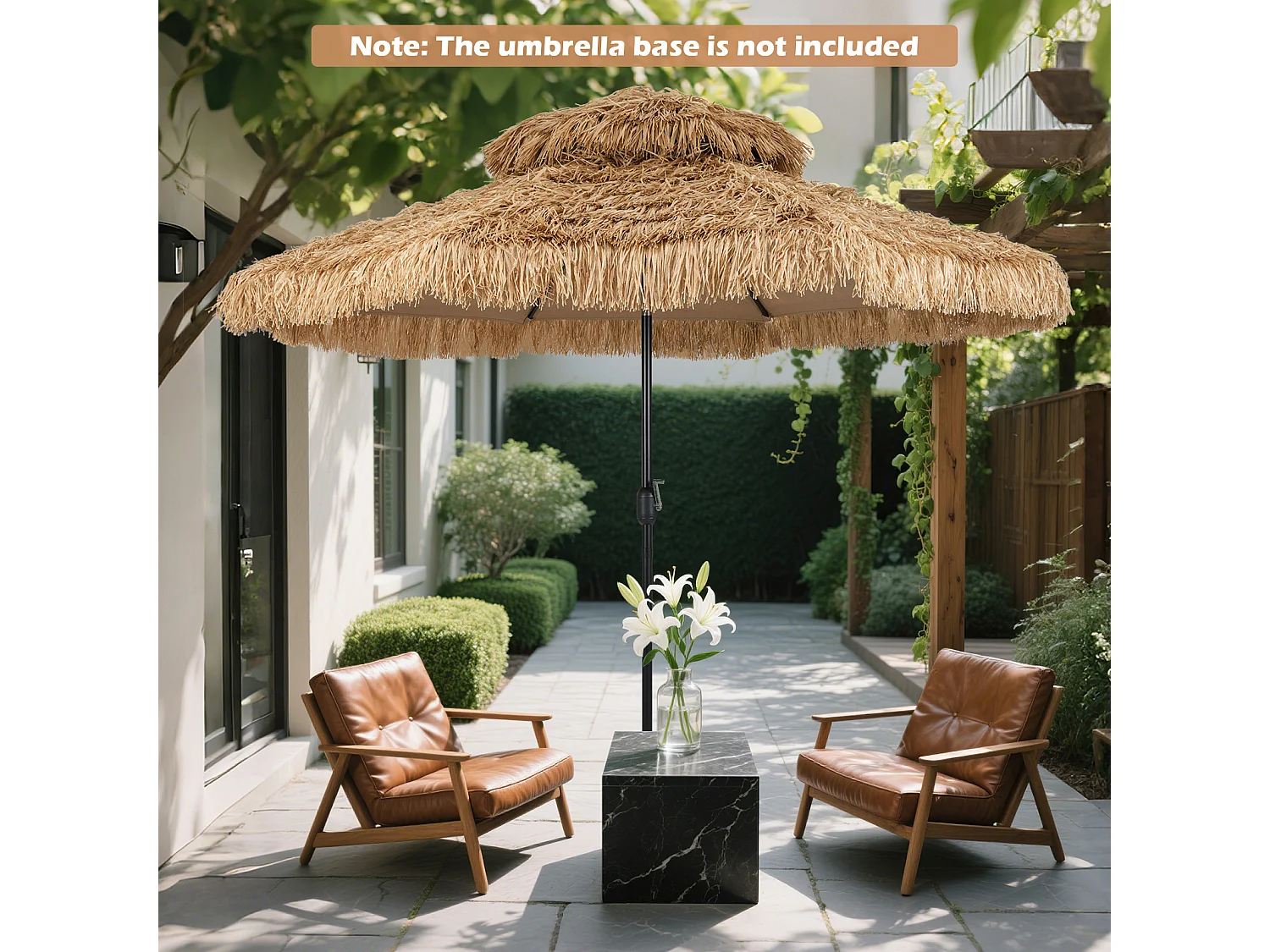 Parasol Paillasse 299cm 2 niveaux, style hawaïen, manivelle, inclinable, beige