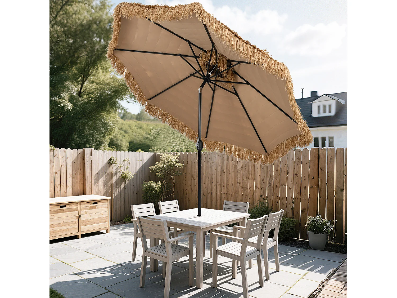 Parasol Paillasse 299cm 2 niveaux, style hawaïen, manivelle, inclinable, beige