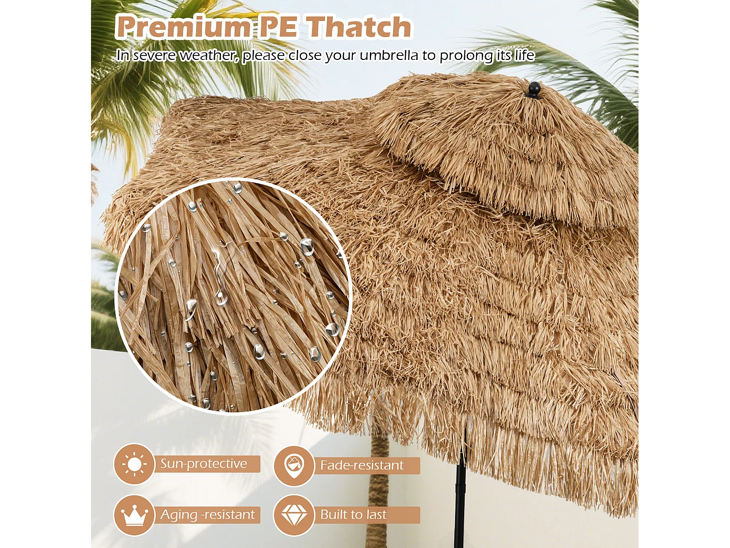 Parasol Paillasse 299cm 2 niveaux, style hawaïen, manivelle, inclinable, beige