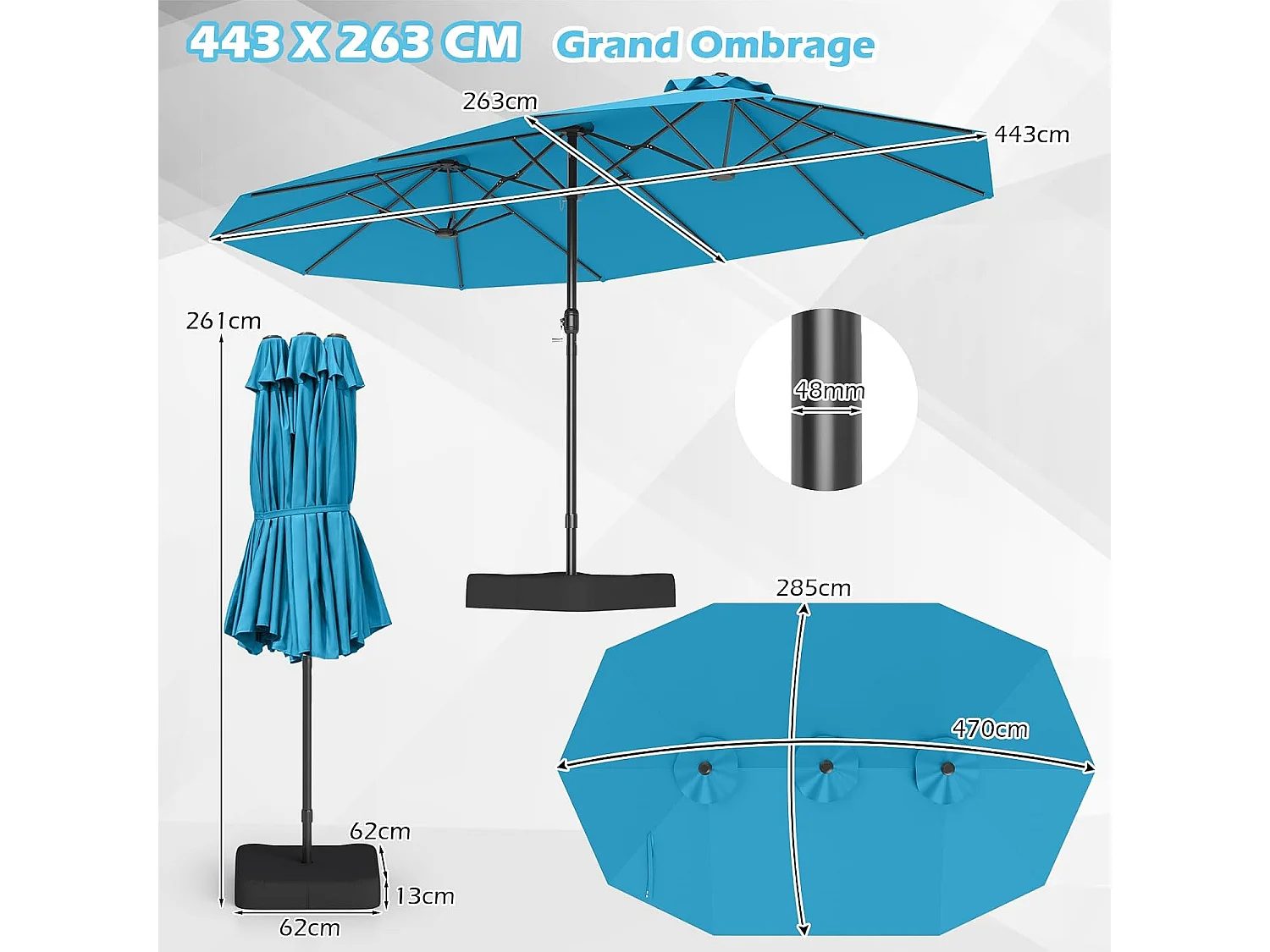 Parasol Double Jardin 470x285cm, base, manivelle, 12 baleines, turquoise