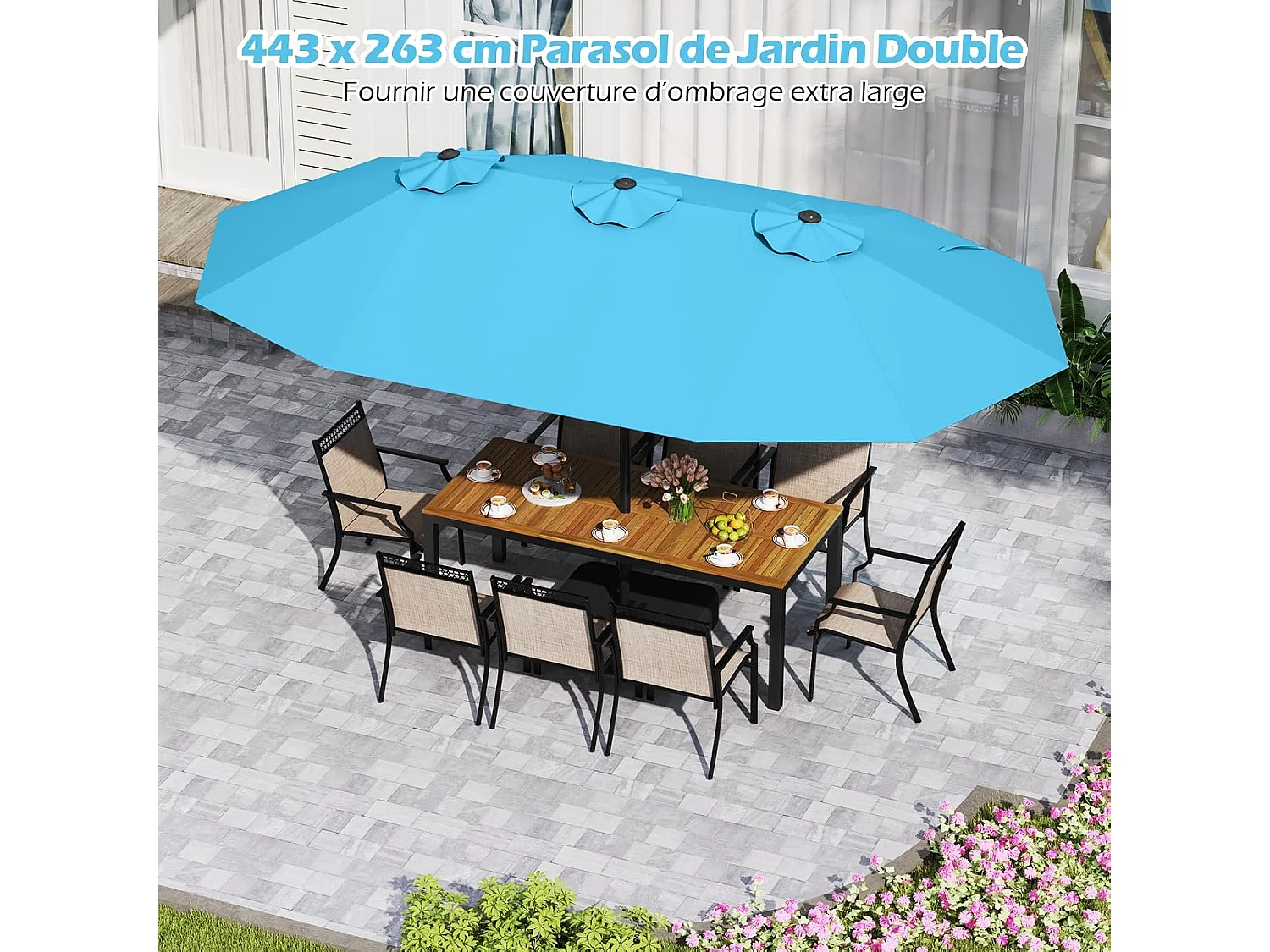Parasol Double Jardin 470x285cm, base, manivelle, 12 baleines, turquoise