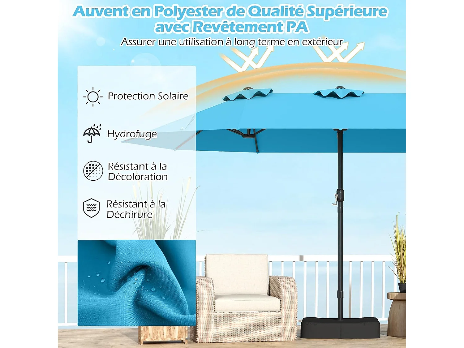 Parasol Double Jardin 470x285cm, base, manivelle, 12 baleines, turquoise