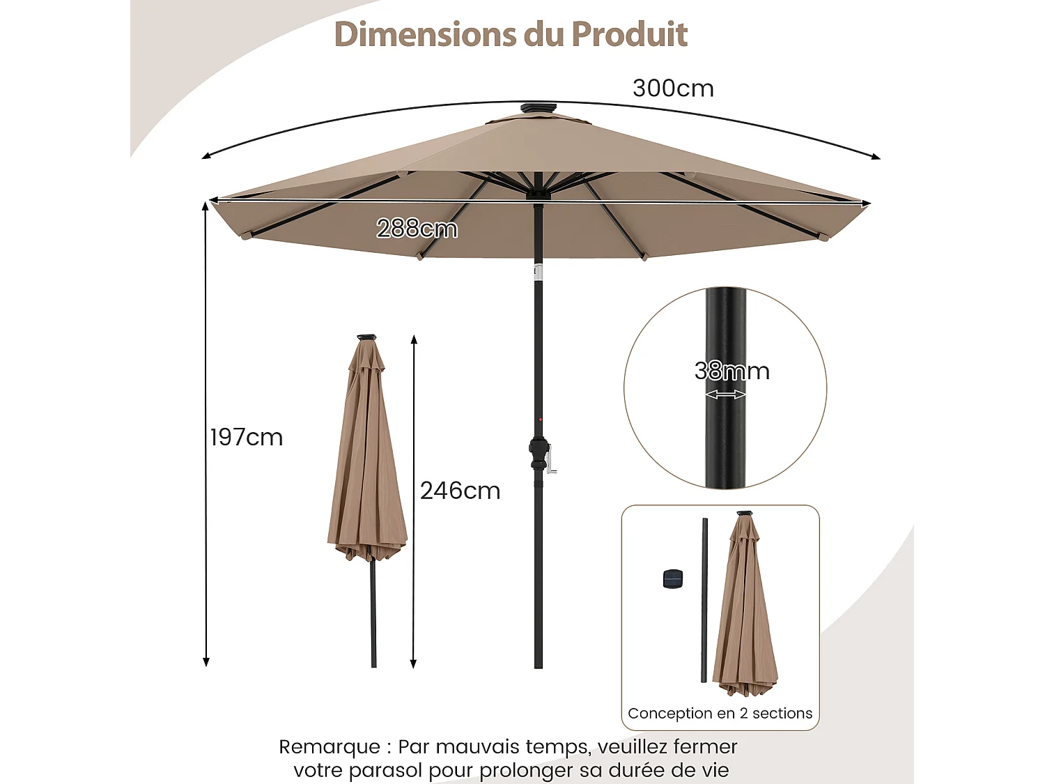Parasol patio 3m solaire, 96 LED 9 modes, 8 baleines, inclinable, manivelle, marron