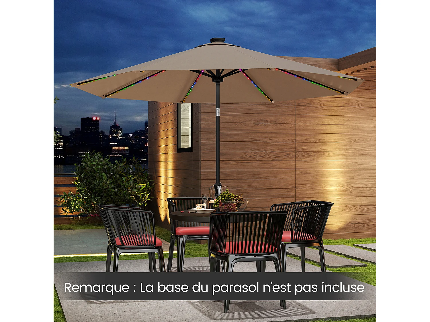 Parasol patio 3m solaire, 96 LED 9 modes, 8 baleines, inclinable, manivelle, marron