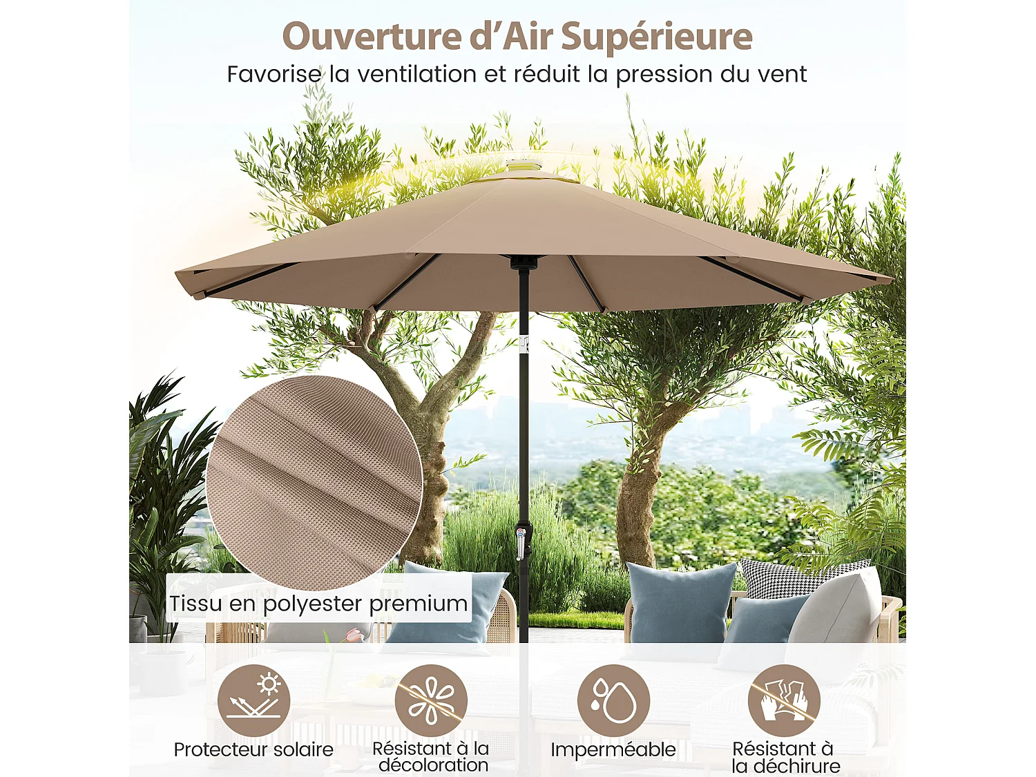 Parasol patio 3m solaire, 96 LED 9 modes, 8 baleines, inclinable, manivelle, marron