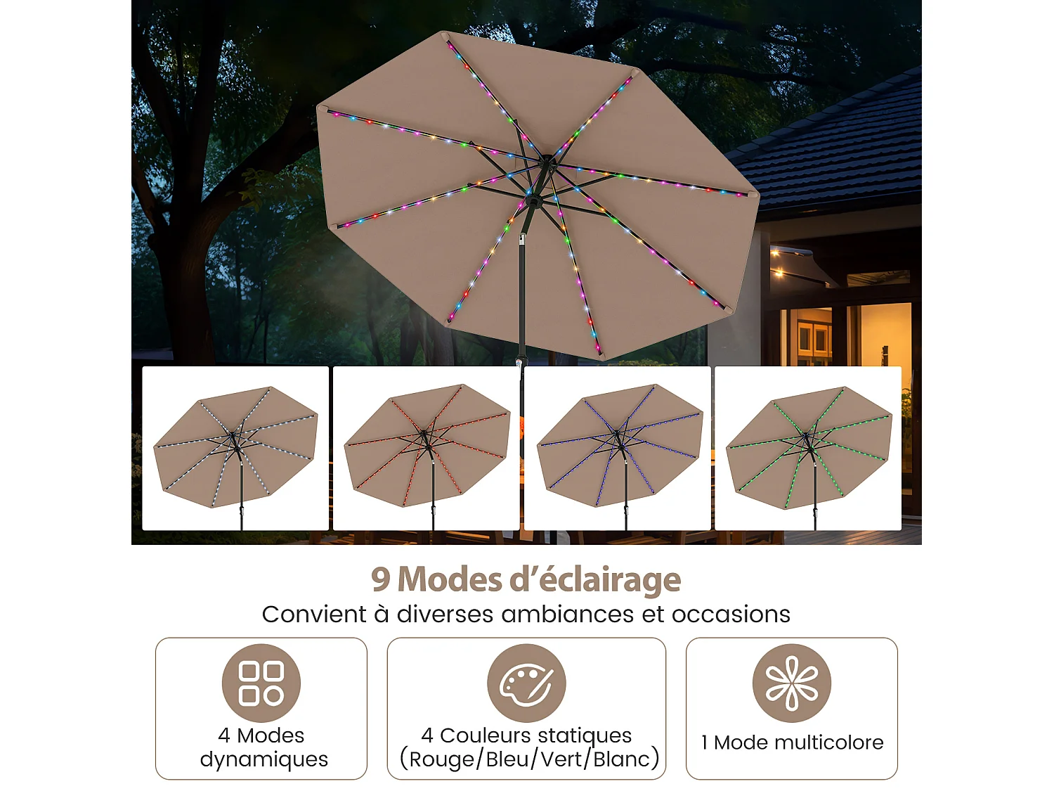 Parasol patio 3m solaire, 96 LED 9 modes, 8 baleines, inclinable, manivelle, marron