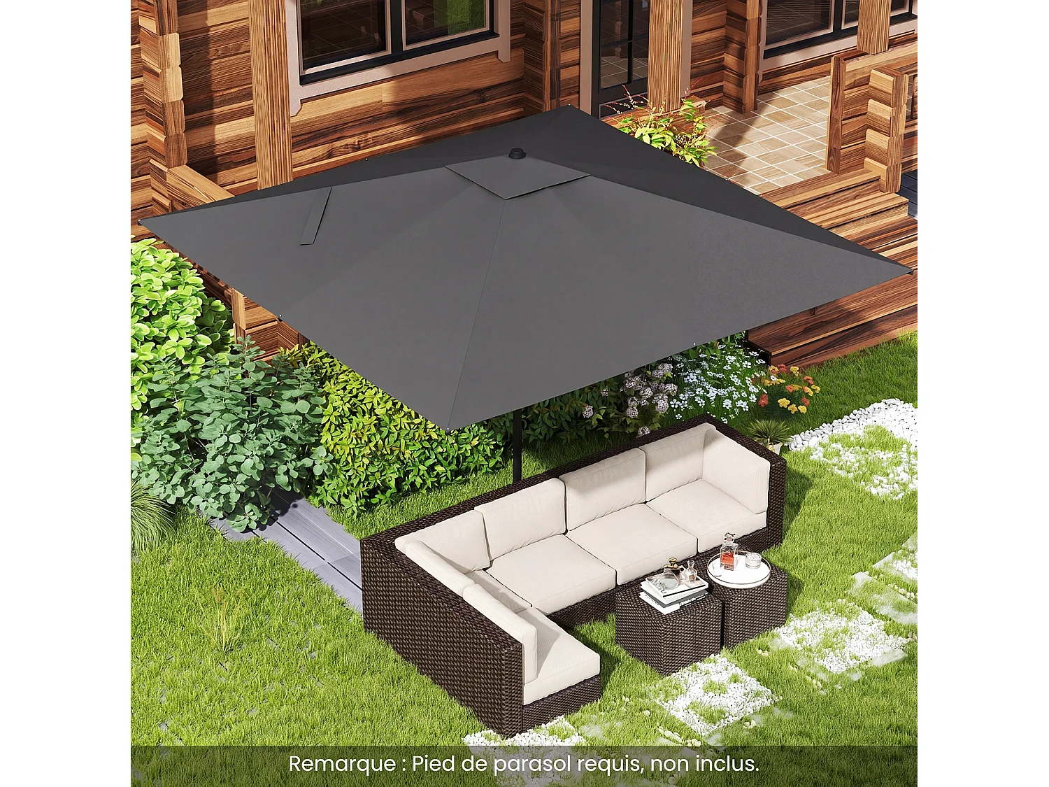 Parasol rectangulaire 300×300cm, structure métal, mât démontable, sangles, gris