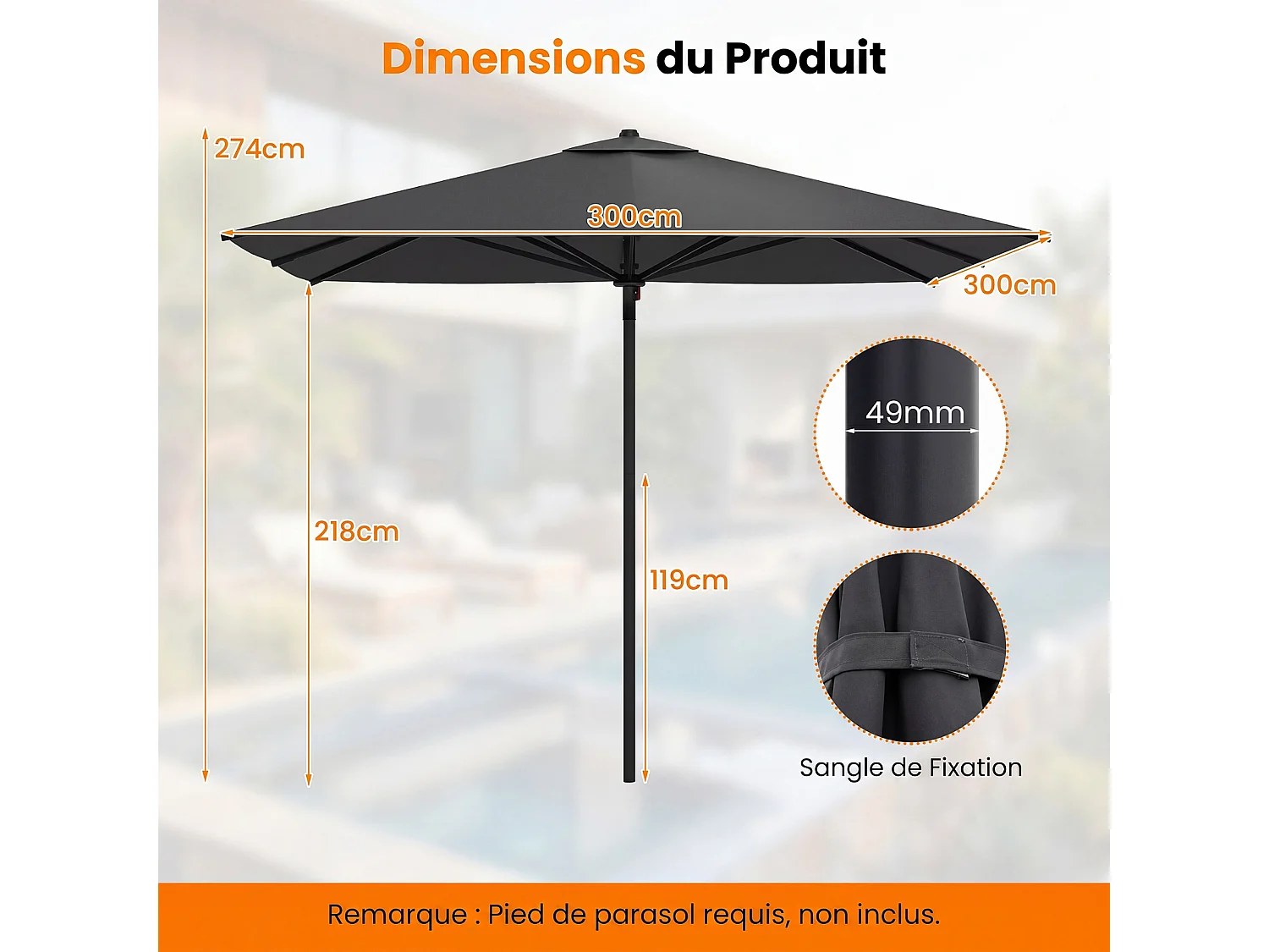 Parasol rectangulaire 300×300cm, structure métal, mât démontable, sangles, gris