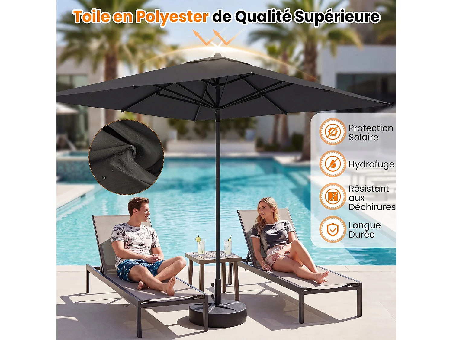Parasol rectangulaire 300×300cm, structure métal, mât démontable, sangles, gris