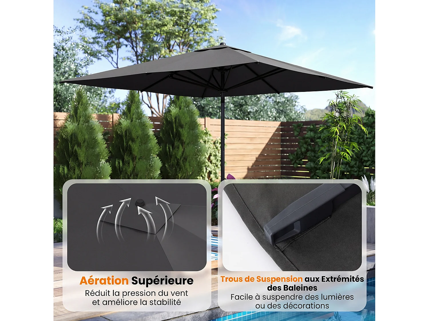 Parasol rectangulaire 300×300cm, structure métal, mât démontable, sangles, gris