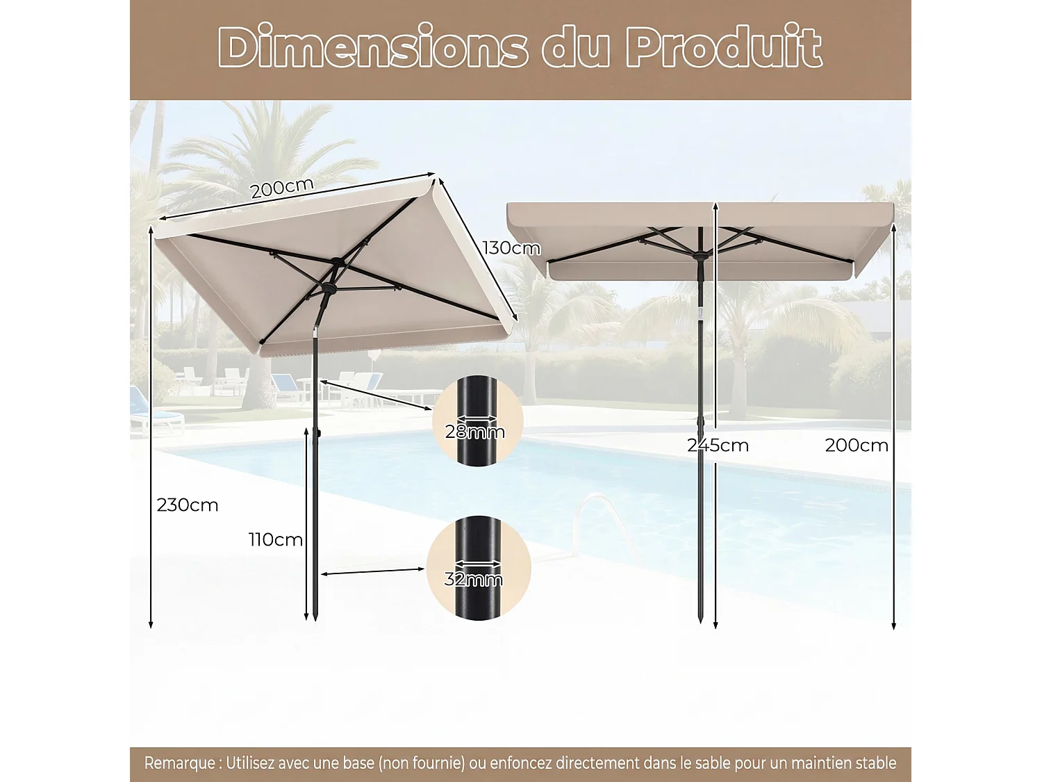 Parasol Plage 200x130CM Rectangulaire, Inclinable 30°, Métal, Sac Transport, Beige