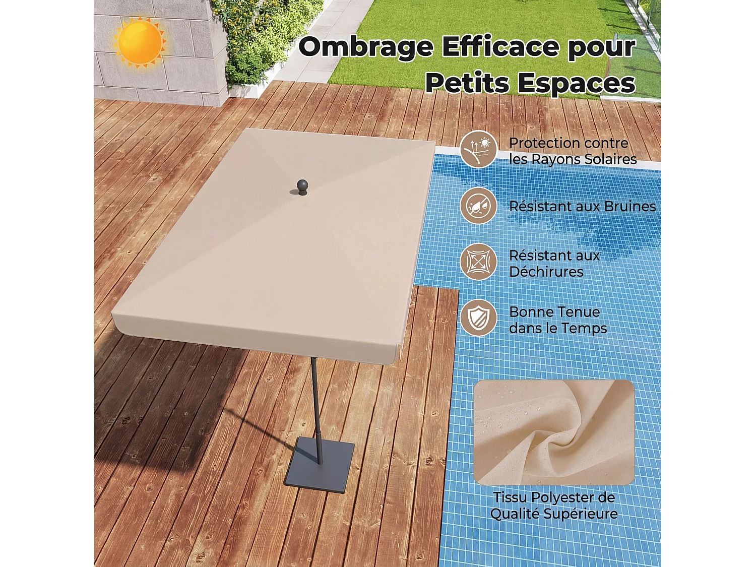Parasol Plage 200x130CM Rectangulaire, Inclinable 30°, Métal, Sac Transport, Beige