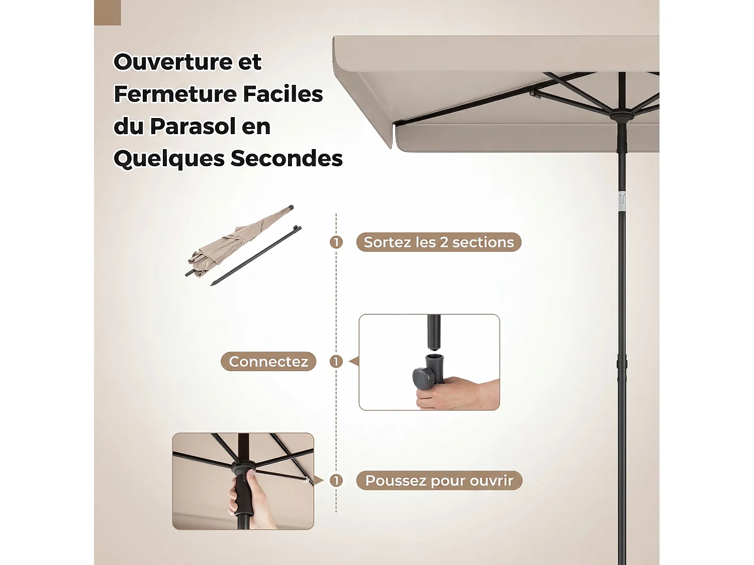 Parasol Plage 200x130CM Rectangulaire, Inclinable 30°, Métal, Sac Transport, Beige