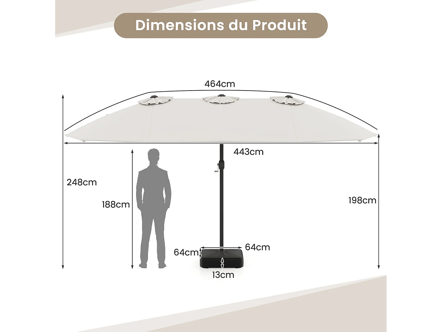 Parasol double 464x286cm, 12 baleines métal, base stable, manivelle, beige