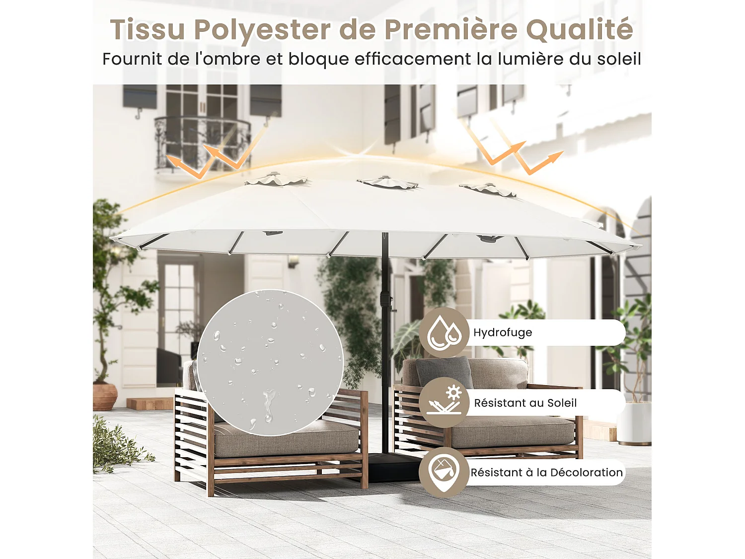 Parasol double 464x286cm, 12 baleines métal, base stable, manivelle, beige