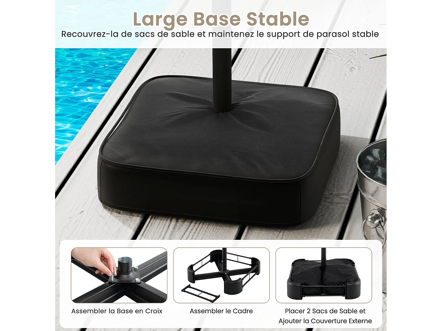 Parasol double 464x286cm, 12 baleines métal, base stable, manivelle, beige