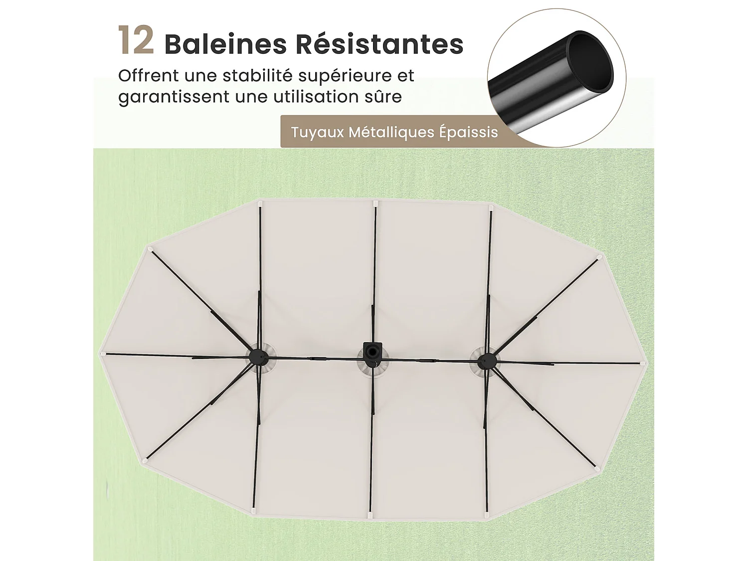 Parasol double 464x286cm, 12 baleines métal, base stable, manivelle, beige