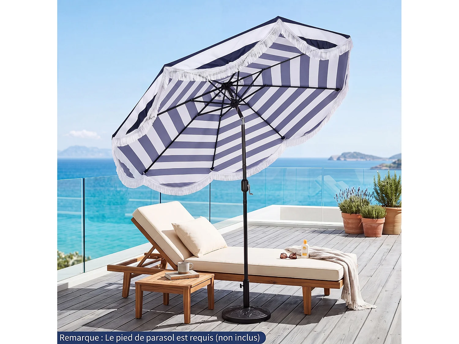 Parasol Ø2,7M Extérieur, Inclinable 30°, 8 Baleines, Manivelle, Anti-UV Imperméable