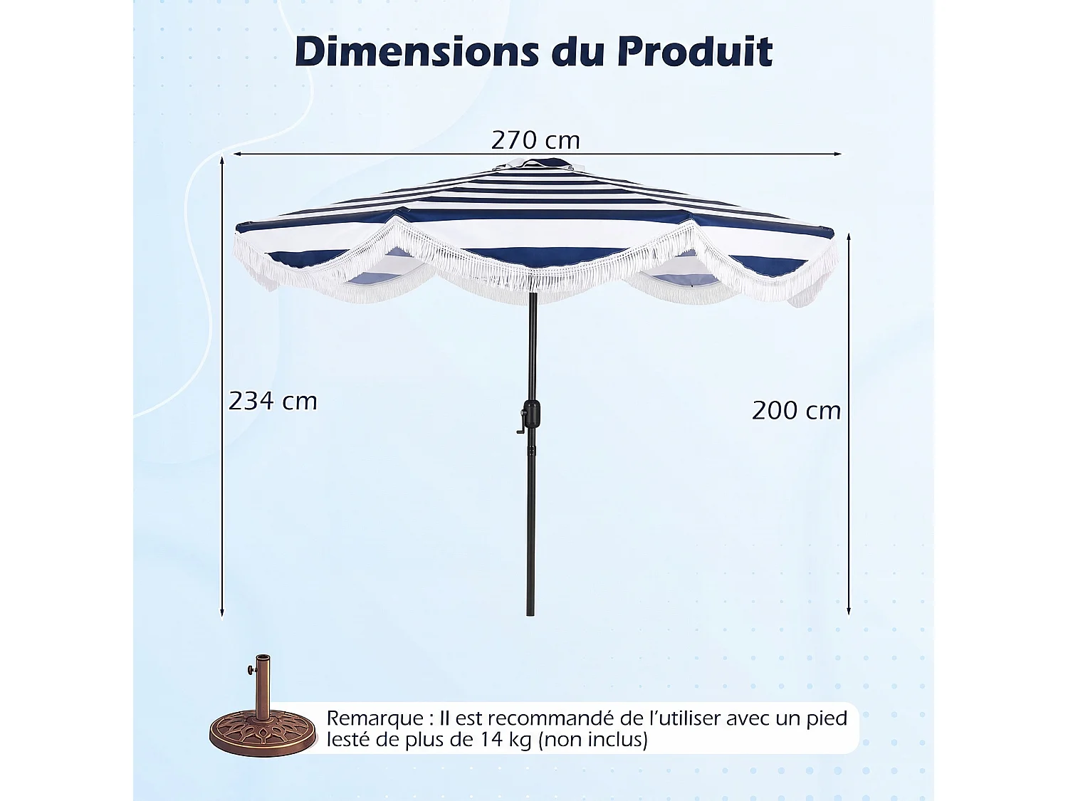 Parasol Ø2,7M Extérieur, Inclinable 30°, 8 Baleines, Manivelle, Anti-UV Imperméable