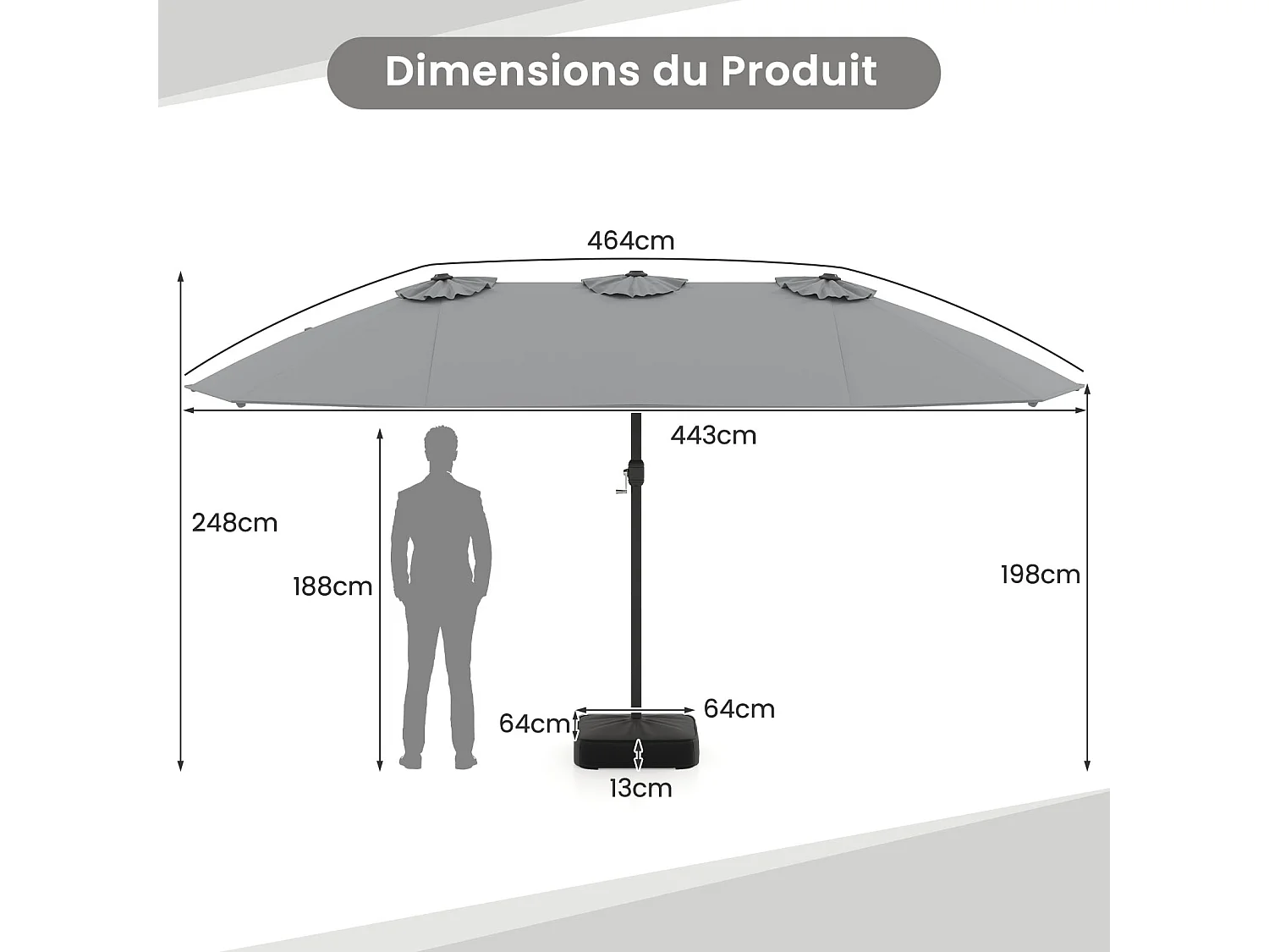 Parasol double 464x286cm, 12 baleines métal, base stable, manivelle, gris clair