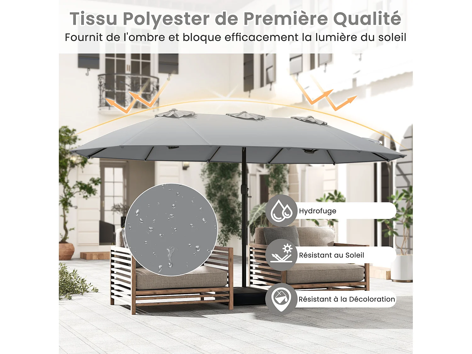 Parasol double 464x286cm, 12 baleines métal, base stable, manivelle, gris clair