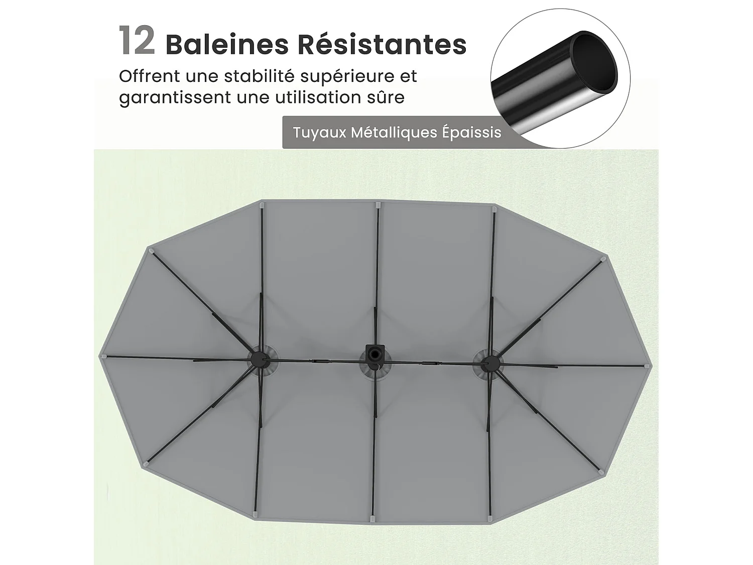 Parasol double 464x286cm, 12 baleines métal, base stable, manivelle, gris clair