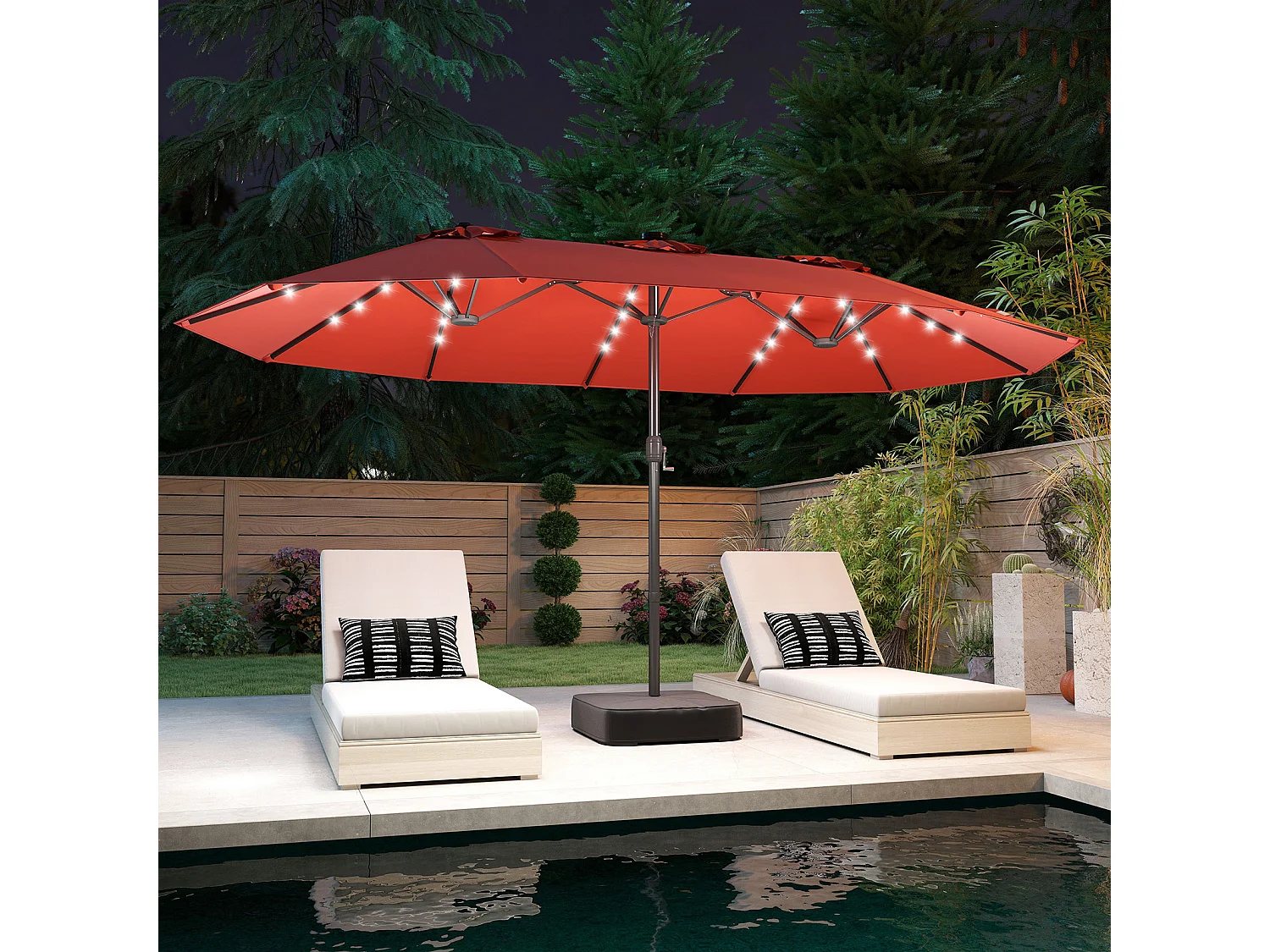 Parasol Double 460x285CM, Manivelle, 48 LED, Base Fournie, Rectangulaire Extérieur, Orange
