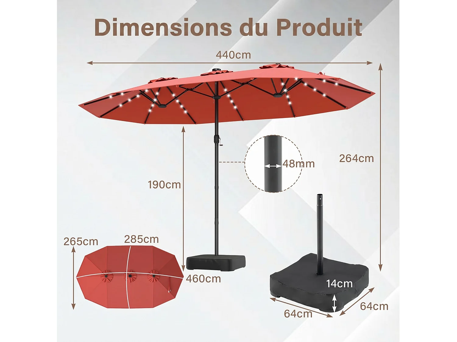 Parasol Double 460x285CM, Manivelle, 48 LED, Base Fournie, Rectangulaire Extérieur, Orange
