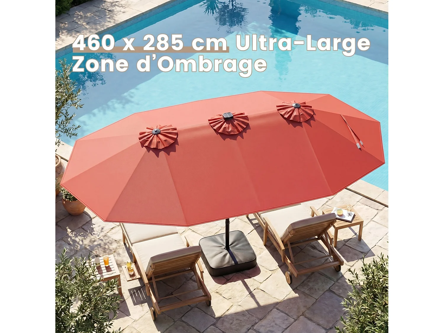 Parasol Double 460x285CM, Manivelle, 48 LED, Base Fournie, Rectangulaire Extérieur, Orange