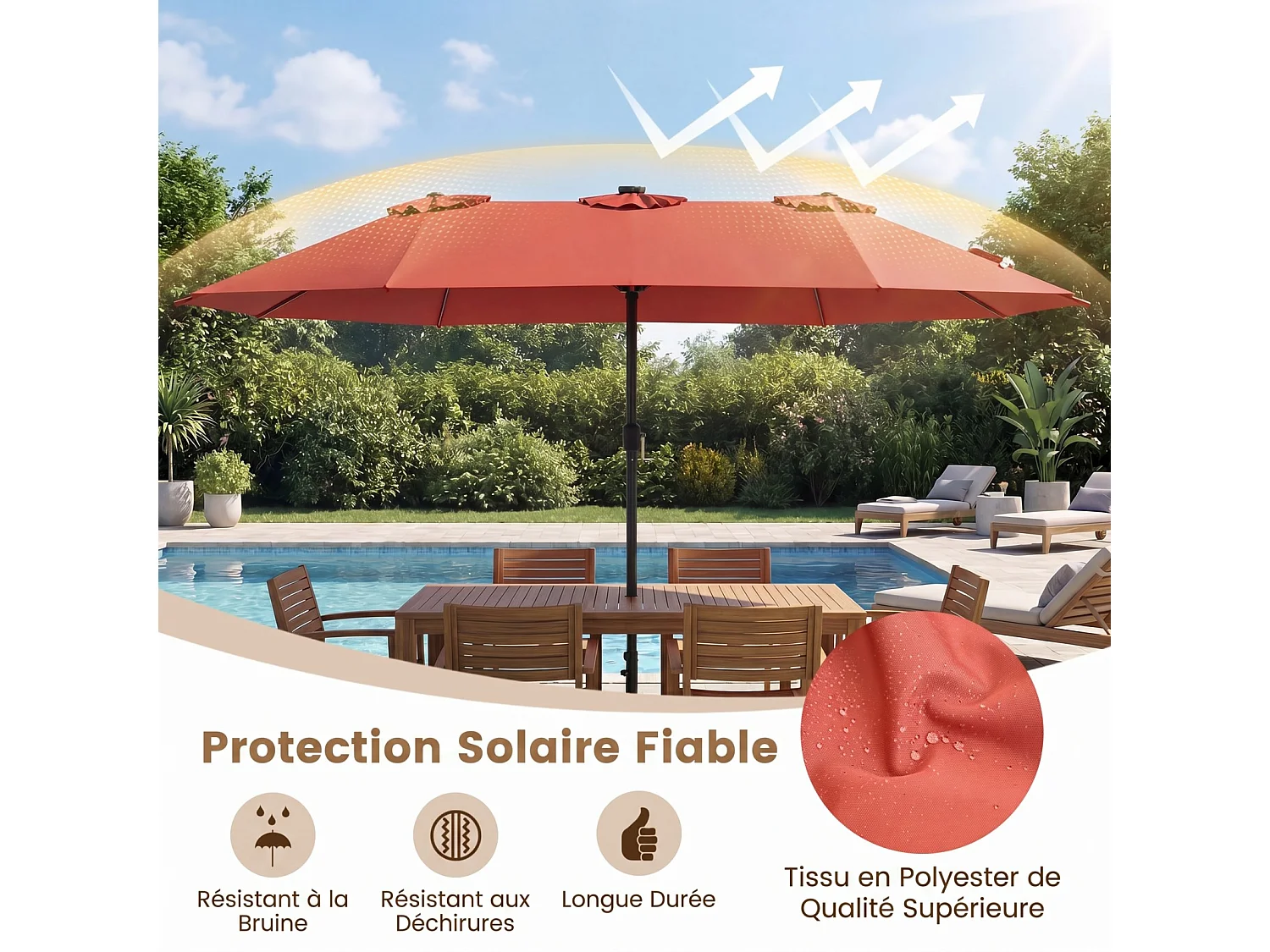 Parasol Double 460x285CM, Manivelle, 48 LED, Base Fournie, Rectangulaire Extérieur, Orange