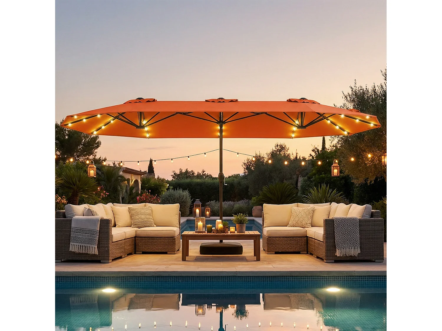 Parasol jardin 4x2,1m, 36 LED solaire, rectangulaire, 12 baleines, orange
