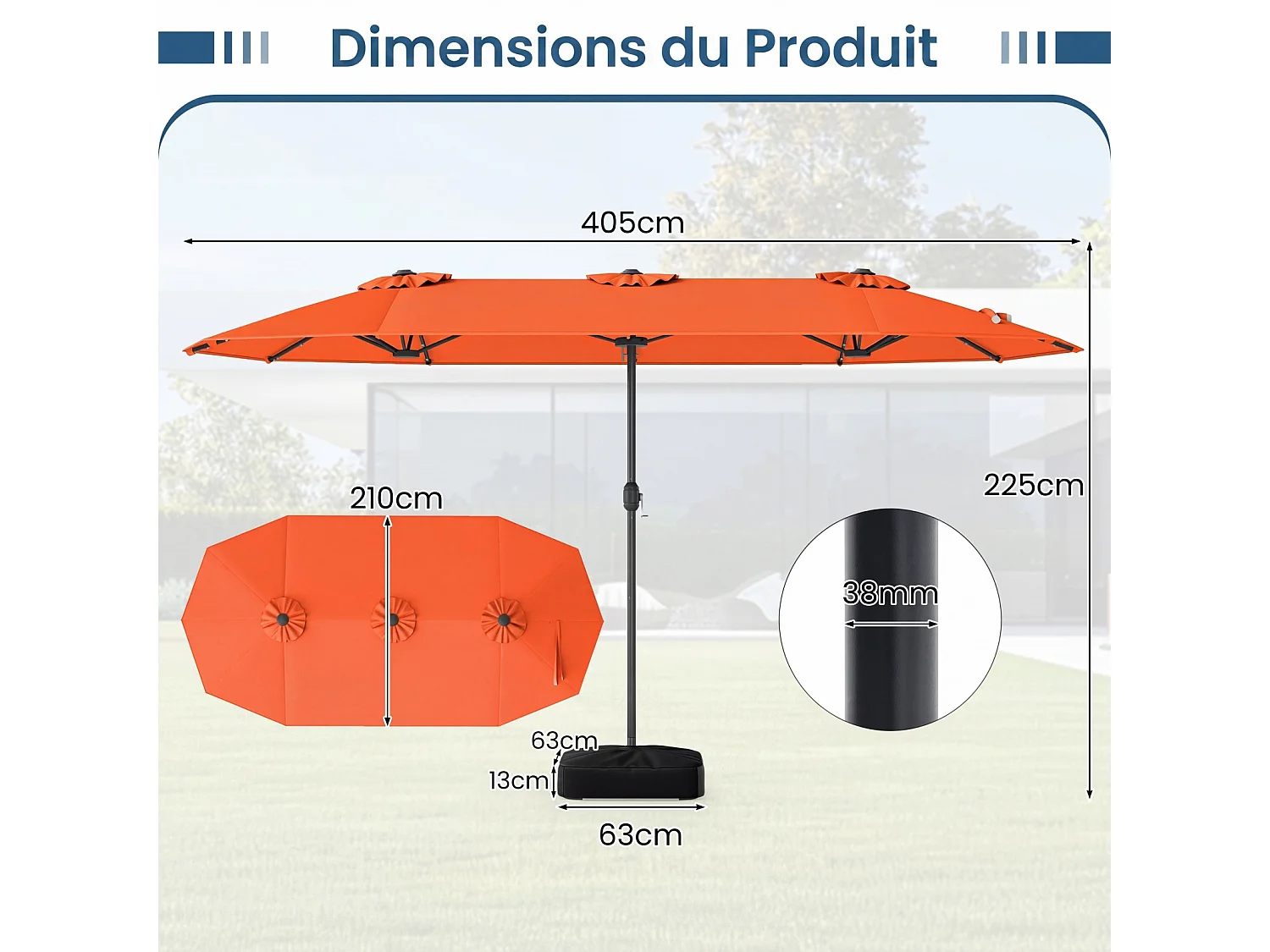Parasol jardin 4x2,1m, 36 LED solaire, rectangulaire, 12 baleines, orange