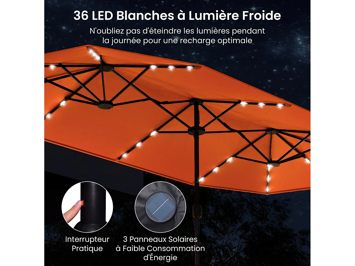 Parasol jardin 4x2,1m, 36 LED solaire, rectangulaire, 12 baleines, orange