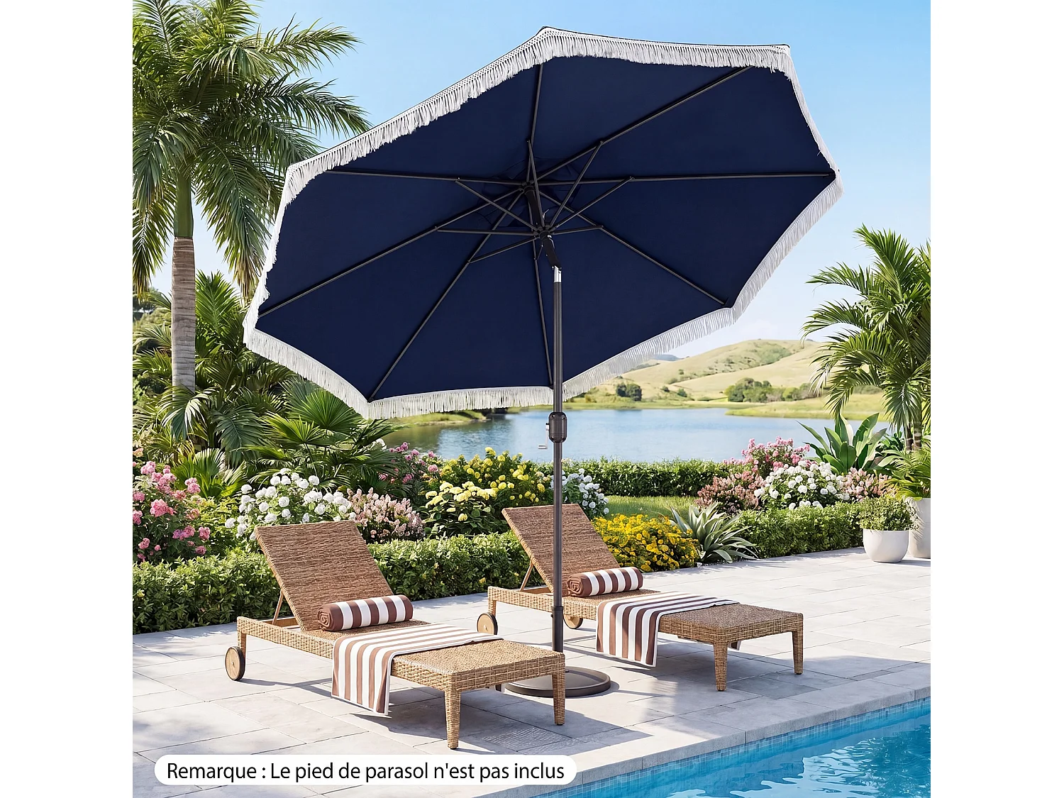Parasol jardin 270cm, 8 baleines métal, polyester, franges, inclinable, bleu marine