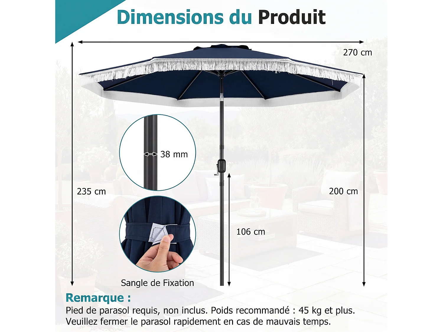 Parasol jardin 270cm, 8 baleines métal, polyester, franges, inclinable, bleu marine