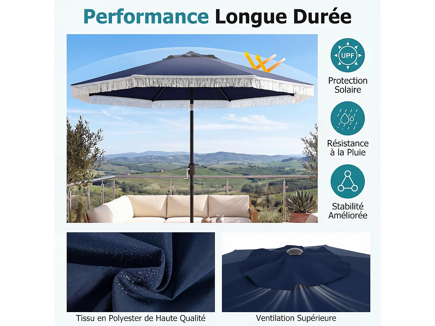 Parasol jardin 270cm, 8 baleines métal, polyester, franges, inclinable, bleu marine