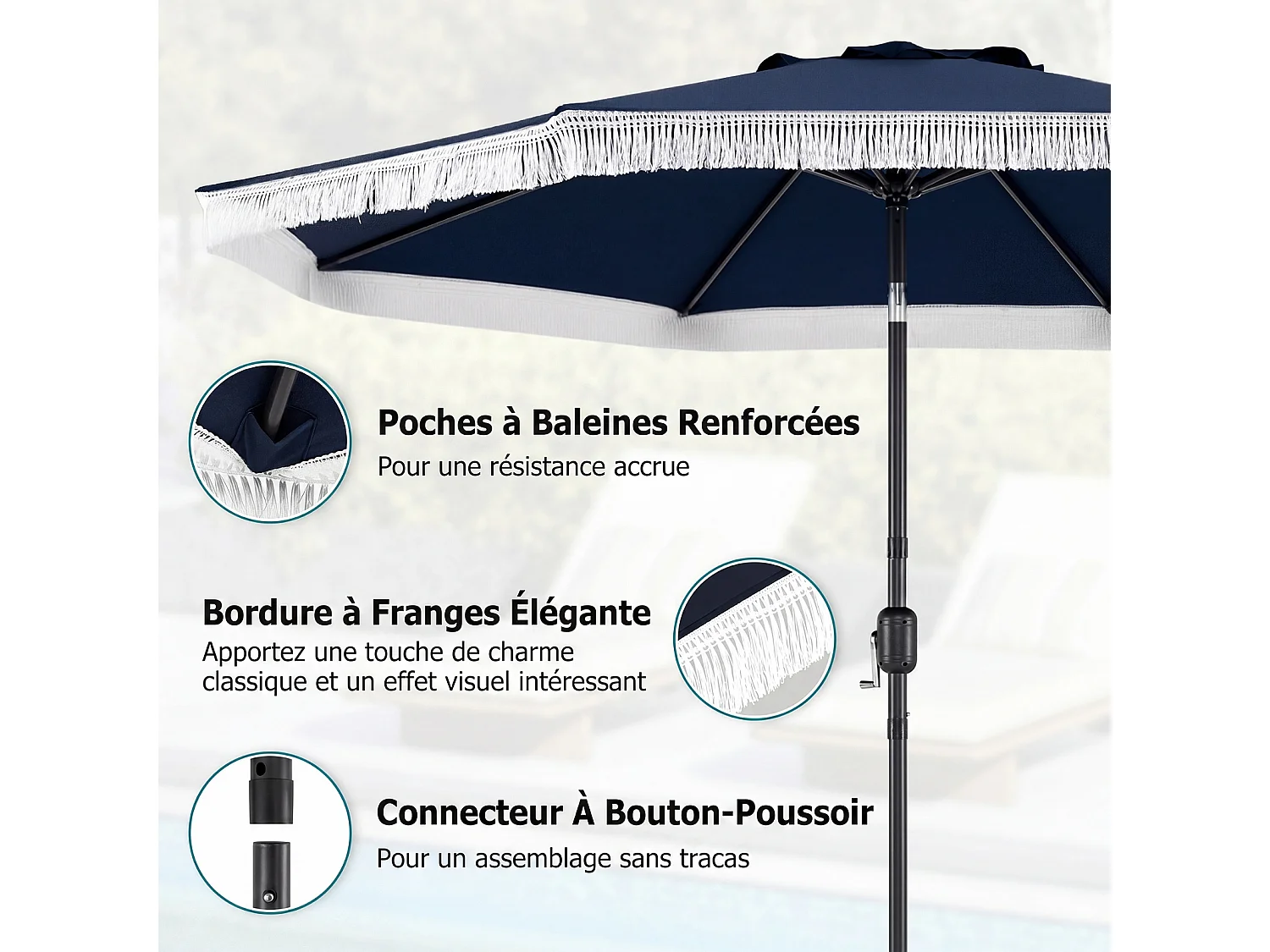 Parasol jardin 270cm, 8 baleines métal, polyester, franges, inclinable, bleu marine