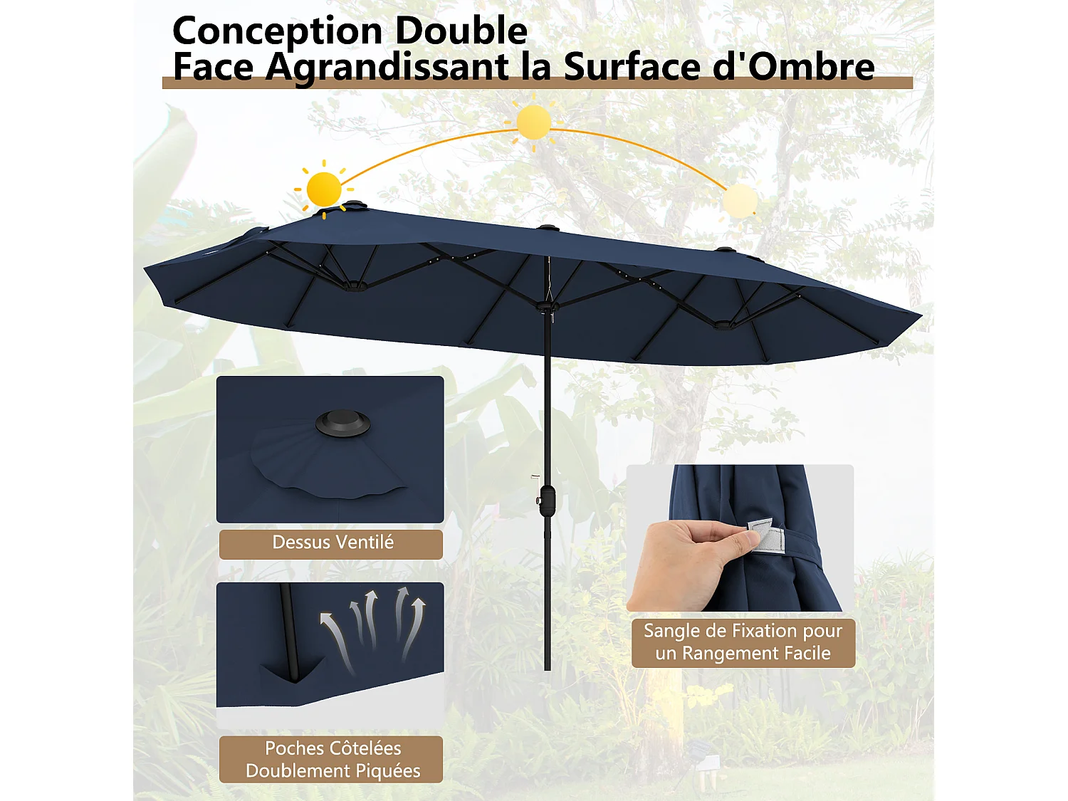 Parasol Double Jardin 396x201cm, manivelle, socle robuste, patio terrasse, bleu