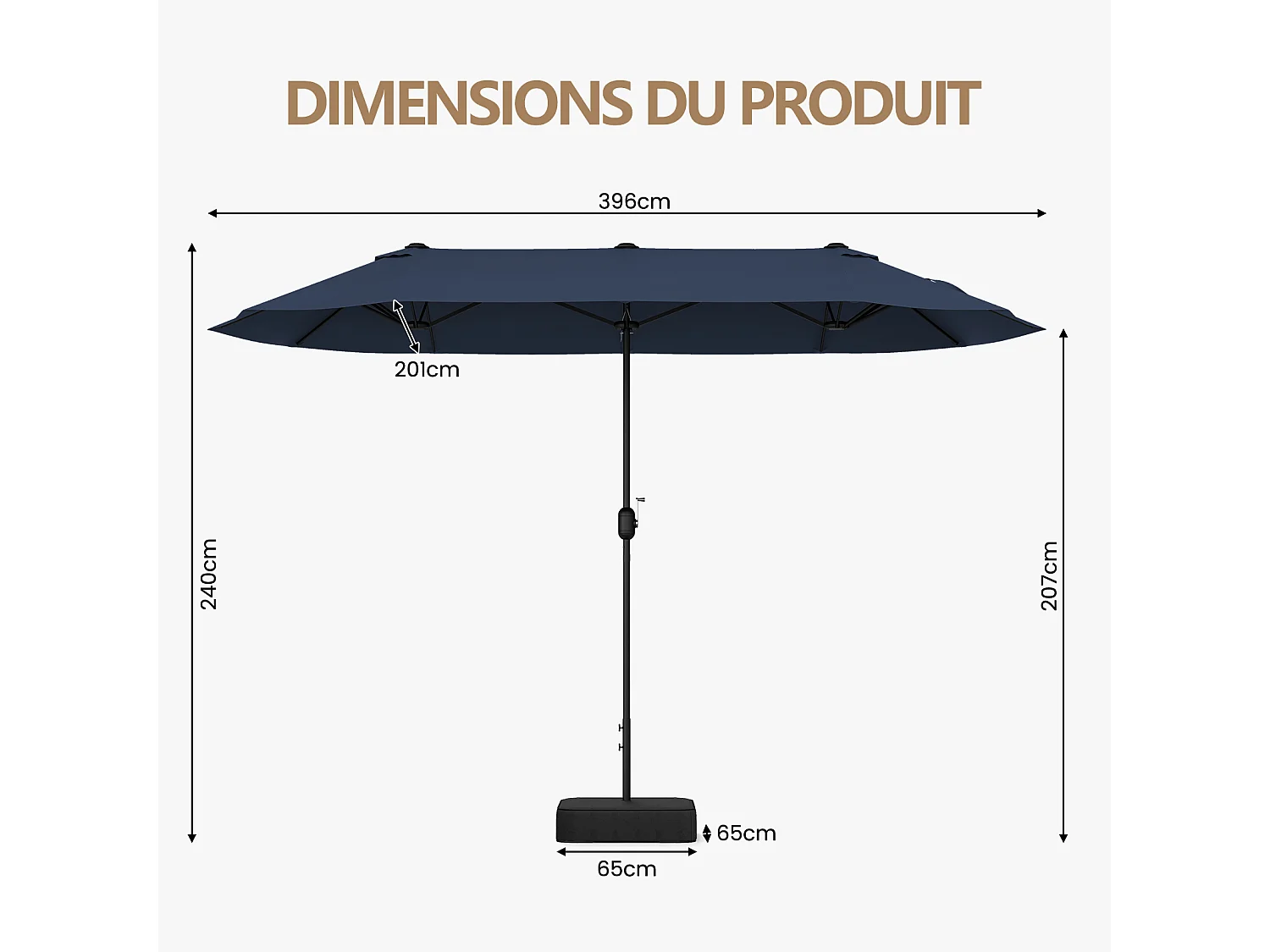 Parasol Double Jardin 396x201cm, manivelle, socle robuste, patio terrasse, bleu