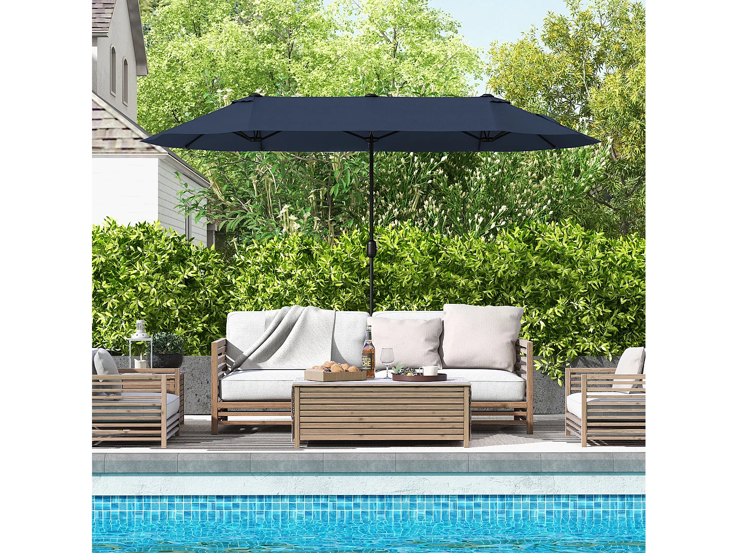 Parasol Double Jardin 396x201cm, manivelle, socle robuste, patio terrasse, bleu